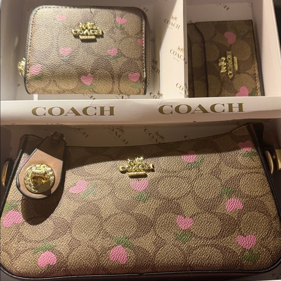 Coach Handbags - COACH Brown Signature Canvas Crossbody with Pink Heart Print purse. , wallet and